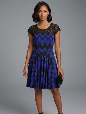 Julia Blue Black Chevron Lace Yoke Fit & Flare Dress Sz S/M